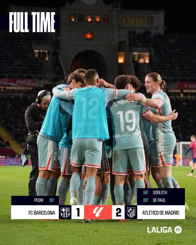 【西甲】巴萨1比2主场遭马竞逆转，瑟洛特替补绝杀